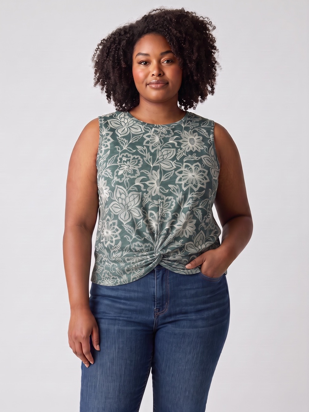 NWT New Sanctuary Sage Green Floral Twisted Front Tank Size 3X